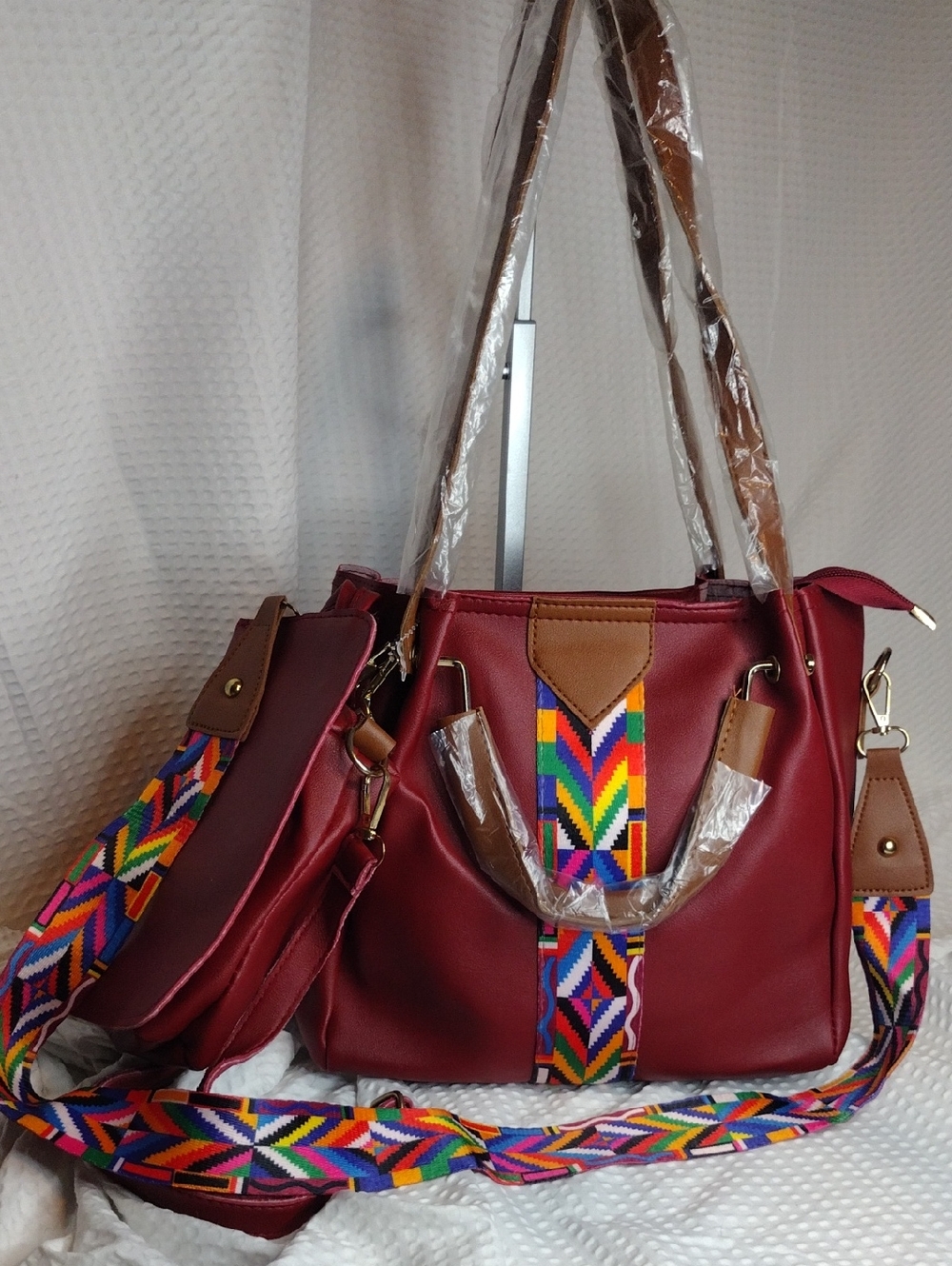 Women's Burgundy Shoulder Bag with Colorful Strap